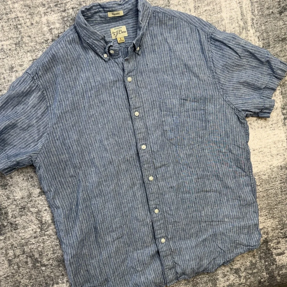 J Crew Shirt Mens Large Blue Striped Baird McNutt Irish Linen Preppy Coast Beach - Picture 1 of 8